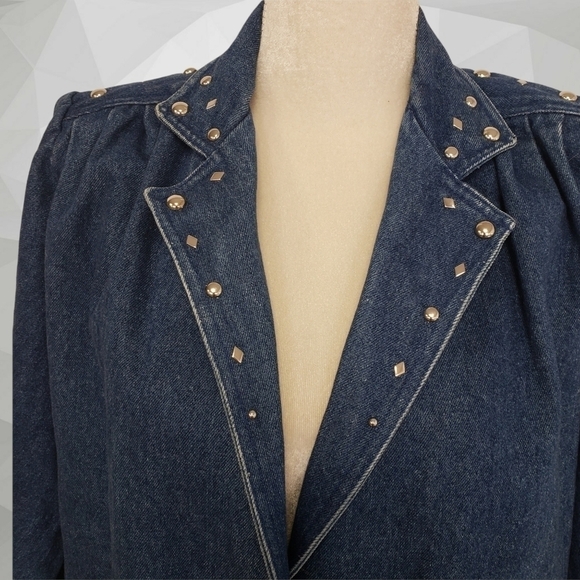 VINTAGE 80s Studded Denim Duster Jacket M Padded Shoulders Oversized EUC - Picture 6 of 11